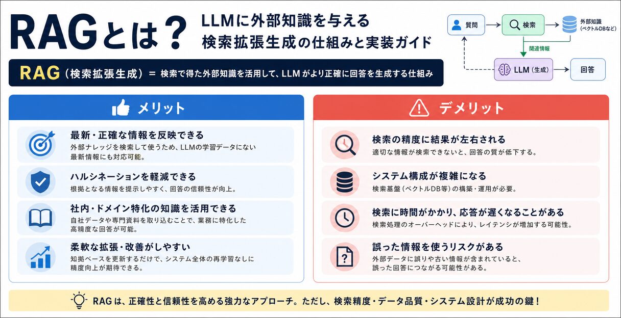 RAGとは?LLMに外部知識を与える検索拡張生成の仕組みと実装ガイド - RAGのメリットとデメリット