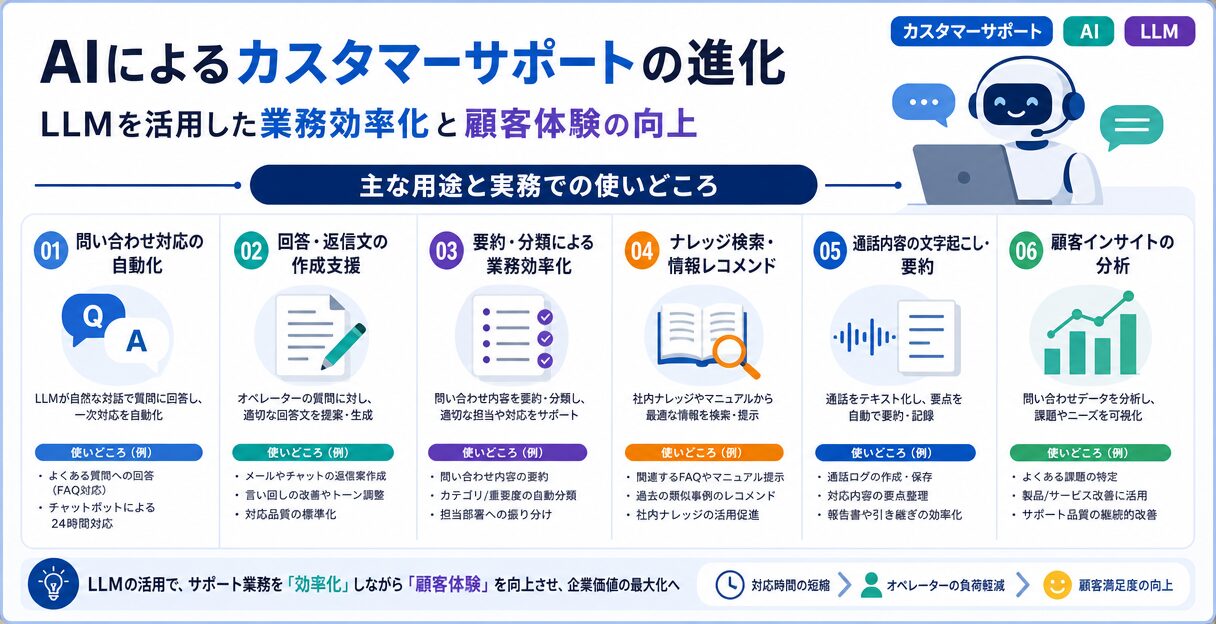 AIによるカスタマーサポートの進化：LLMを活用した業務効率化と顧客体験の向上 - 主な用途と実務での使いどころ