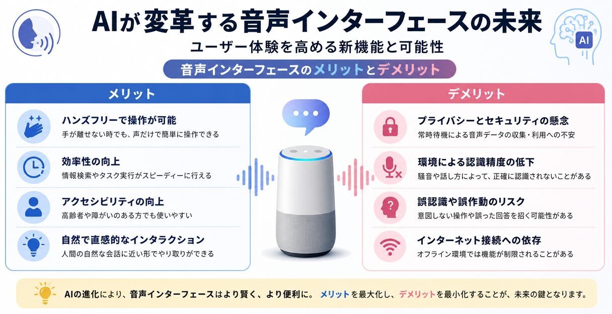 AIが変革する音声インターフェースの未来:ユーザー体験を高める新機能と可能性 - 音声インターフェースのメリットとデメリット
