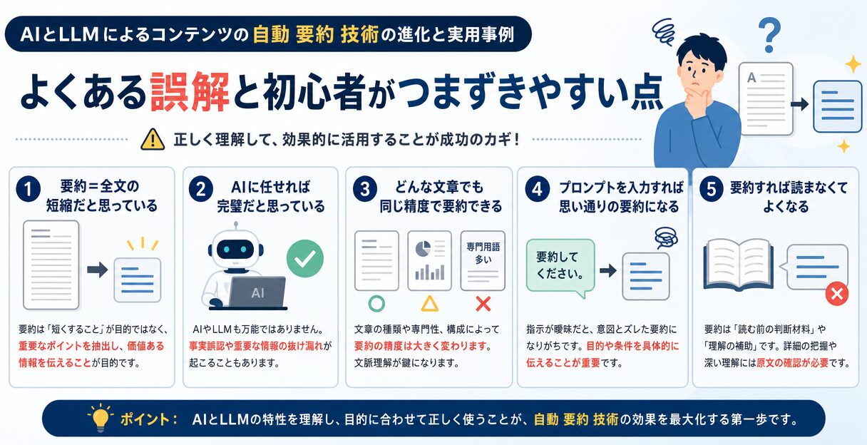 AIとLLMによるコンテンツの自動要約技術の進化と実用事例 - よくある誤解と初心者がつまずきやすい点