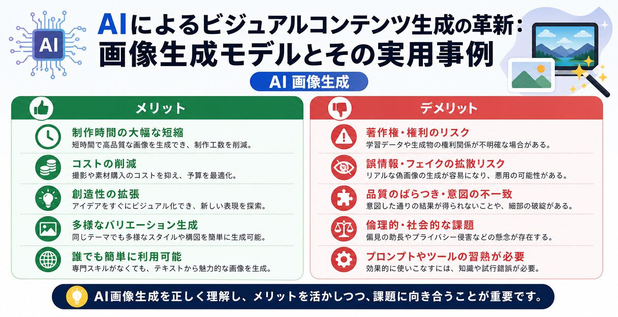 AIによるビジュアルコンテンツ生成の革新：画像生成モデルとその実用事例 - AI画像生成のメリットとデメリット