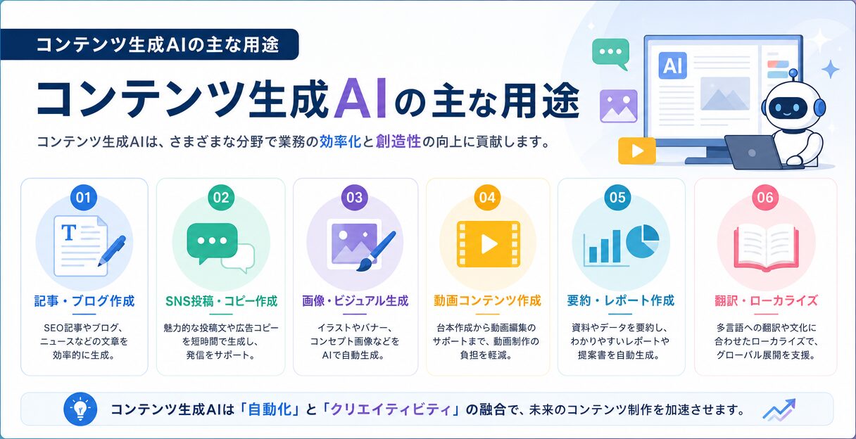 AIによるコンテンツ生成の未来：自動化とクリエイティビティの融合 - コンテンツ生成AIの主な用途