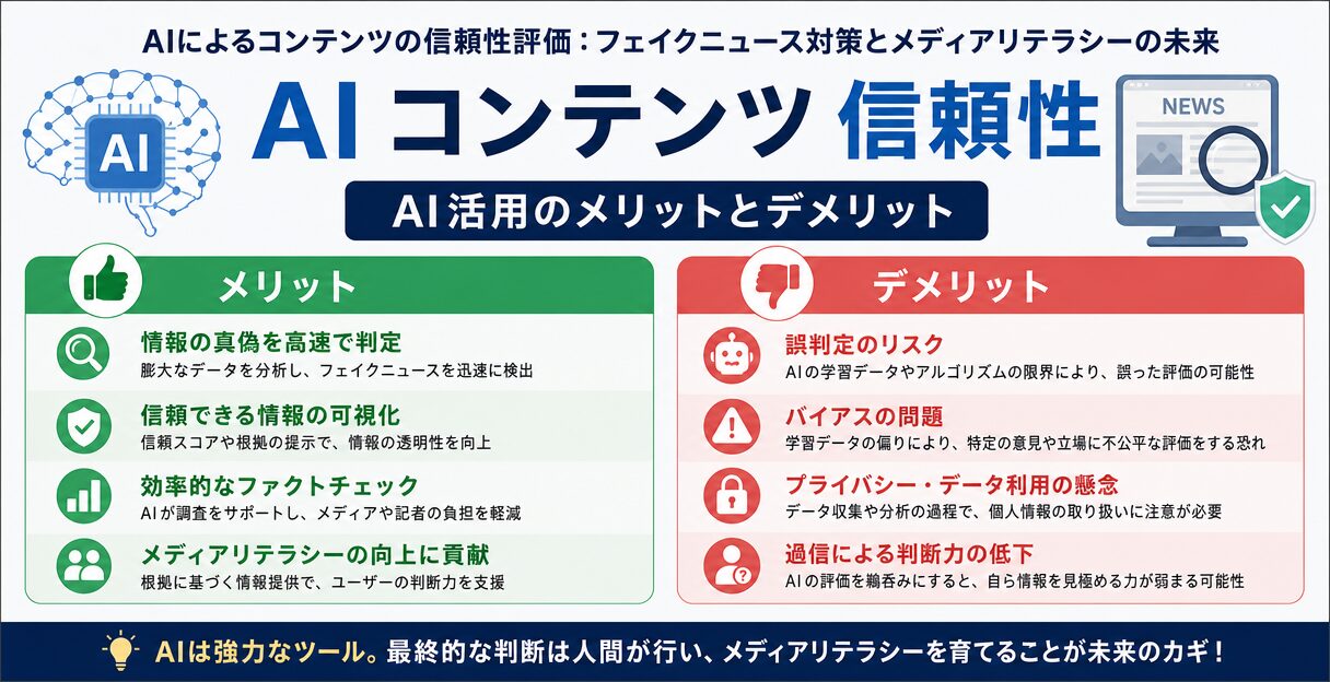 AIによるコンテンツの信頼性評価：フェイクニュース対策とメディアリテラシーの未来 - AI活用のメリットとデメリット