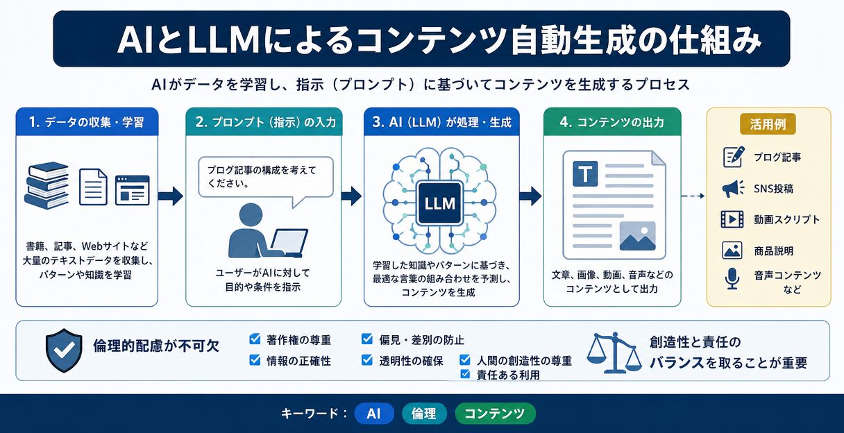 AIとLLMによるコンテンツ自動生成の倫理的課題:創造性と責任のバランス - AIによるコンテンツ自動生成の仕組み