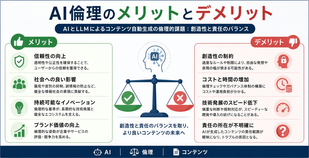 AIとLLMによるコンテンツ自動生成の倫理的課題:創造性と責任のバランス - AI倫理のメリットとデメリット
