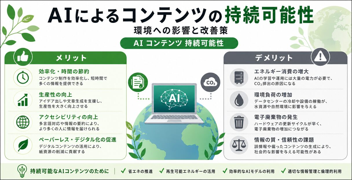 AIによるコンテンツの持続可能性：環境への影響と改善策 - AIコンテンツのメリットとデメリット