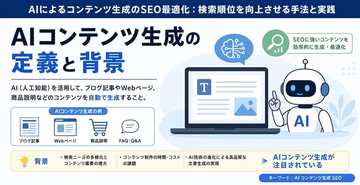 AIによるコンテンツ生成のSEO最適化:検索順位を向上させる手法と実践 - AIコンテンツ生成の定義と背景