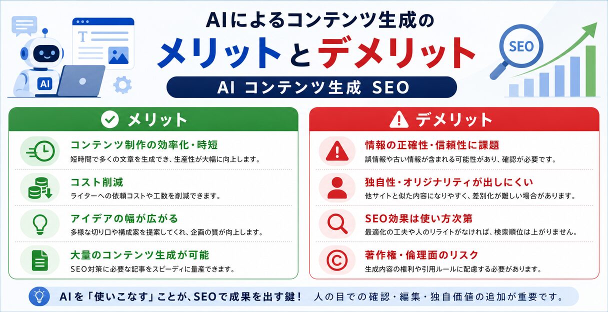 AIによるコンテンツ生成のSEO最適化:検索順位を向上させる手法と実践 - AIによるコンテンツ生成のメリットとデメリット