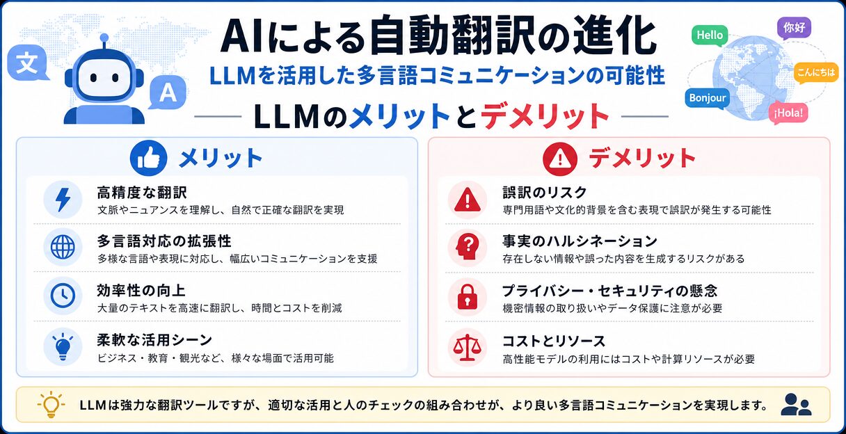 AIによる自動翻訳の進化:LLMを活用した多言語コミュニケーションの可能性 - LLMのメリットとデメリット